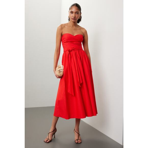 TOCCIN x RTR Red Sweetheart Neckline Strapless Flowy Skirt Midi Dress Size 14 - Picture 1 of 16